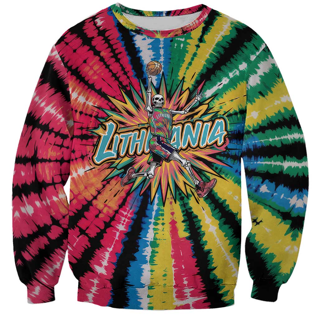 Lithuania Tie Dye Basketball Sweatshirt with Skeleton Dunk Graphic and Retro Colors - Wonder Print Shop