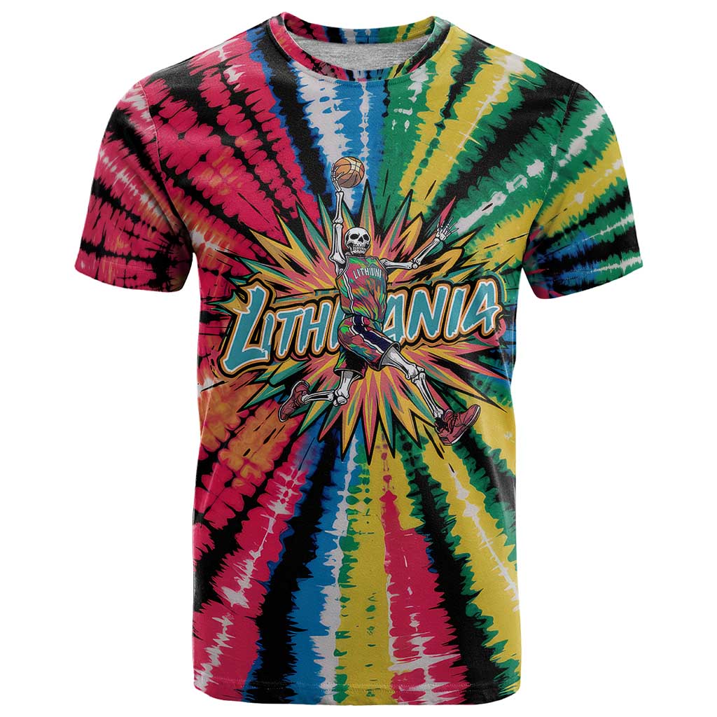 Lithuania Tie Dye Basketball T Shirt with Skeleton Dunk Graphic and Retro Colors - Wonder Print Shop