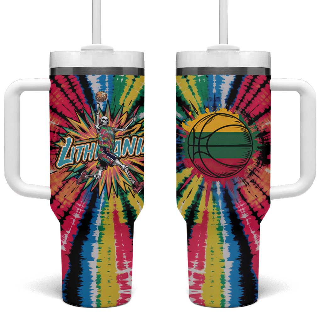 Lithuania Tie Dye Basketball Tumbler With Handle with Skeleton Dunk Graphic and Retro Colors - Wonder Print Shop