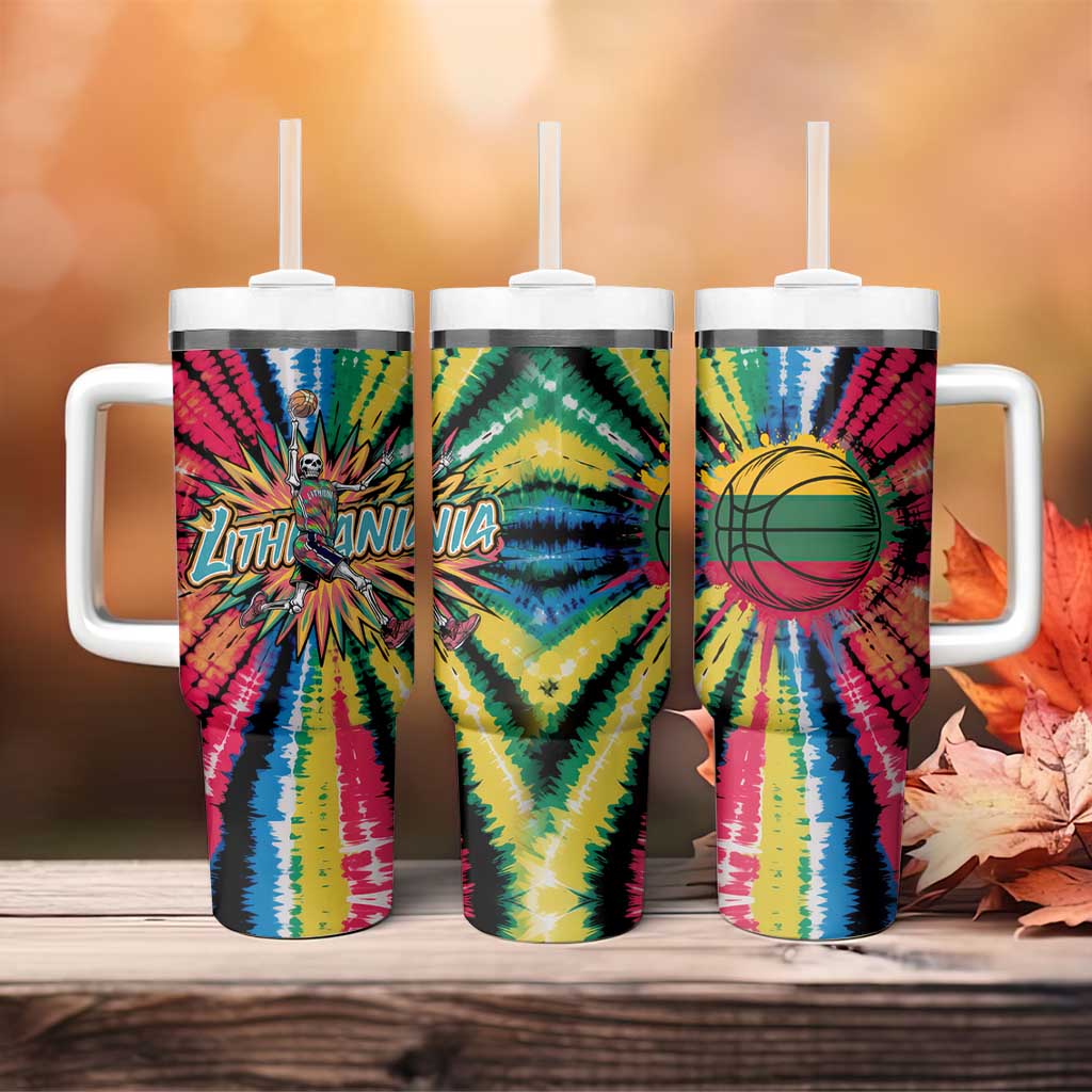 Lithuania Tie Dye Basketball Tumbler With Handle with Skeleton Dunk Graphic and Retro Colors - Wonder Print Shop