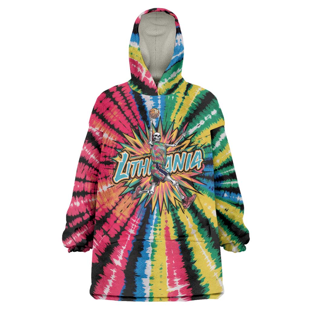 Lithuania Tie Dye Basketball Wearable Blanket Hoodie with Skeleton Dunk Graphic and Retro Colors - Wonder Print Shop