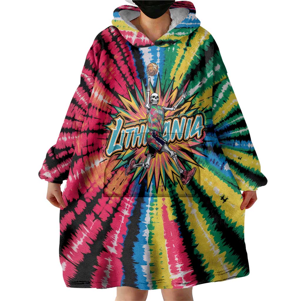 Lithuania Tie Dye Basketball Wearable Blanket Hoodie with Skeleton Dunk Graphic and Retro Colors - Wonder Print Shop
