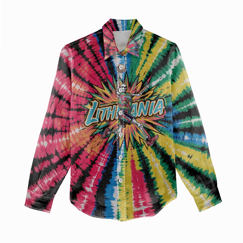 Lithuania Tie Dye Basketball Women Casual Shirt with Skeleton Dunk Graphic and Retro Colors - Wonder Print Shop