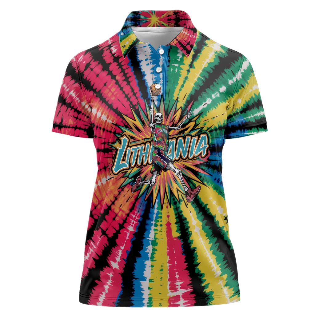 Lithuania Tie Dye Basketball Women Polo Shirt with Skeleton Dunk Graphic and Retro Colors - Wonder Print Shop