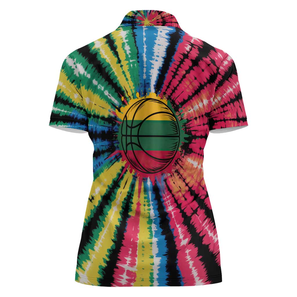 Lithuania Tie Dye Basketball Women Polo Shirt with Skeleton Dunk Graphic and Retro Colors - Wonder Print Shop