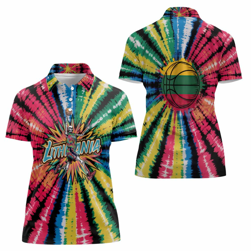 Lithuania Tie Dye Basketball Women Polo Shirt with Skeleton Dunk Graphic and Retro Colors - Wonder Print Shop