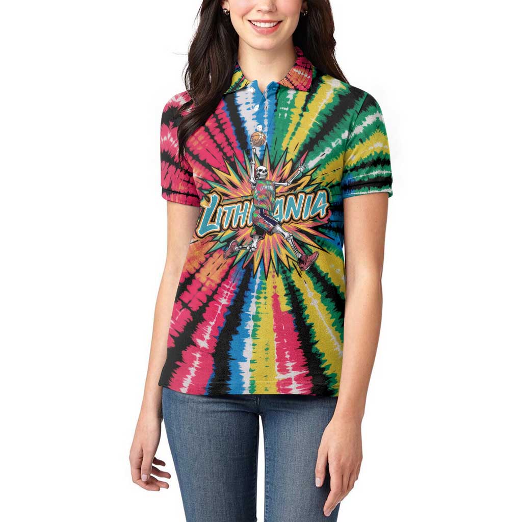 Lithuania Tie Dye Basketball Women Polo Shirt with Skeleton Dunk Graphic and Retro Colors - Wonder Print Shop
