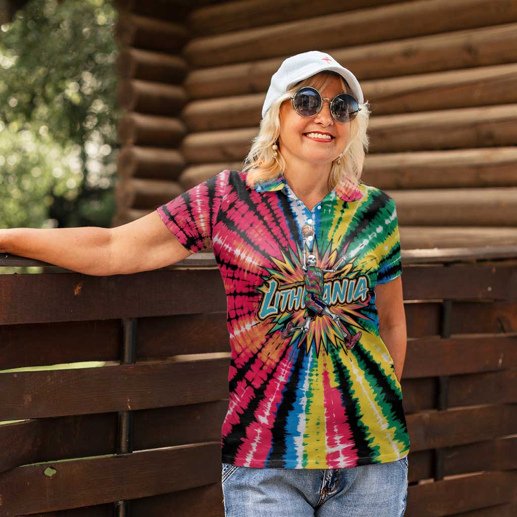 Lithuania Tie Dye Basketball Women Polo Shirt with Skeleton Dunk Graphic and Retro Colors - Wonder Print Shop