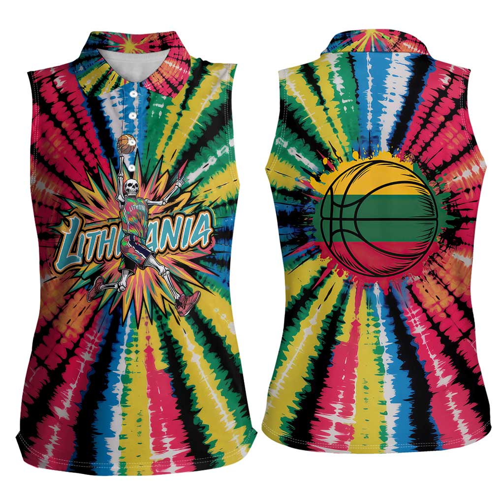 Lithuania Tie Dye Basketball Women Sleeveless Polo Shirt with Skeleton Dunk Graphic and Retro Colors - Wonder Print Shop