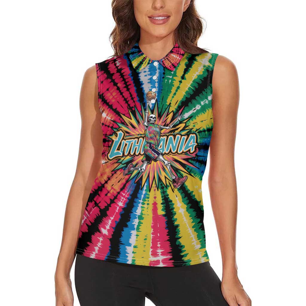 Lithuania Tie Dye Basketball Women Sleeveless Polo Shirt with Skeleton Dunk Graphic and Retro Colors - Wonder Print Shop