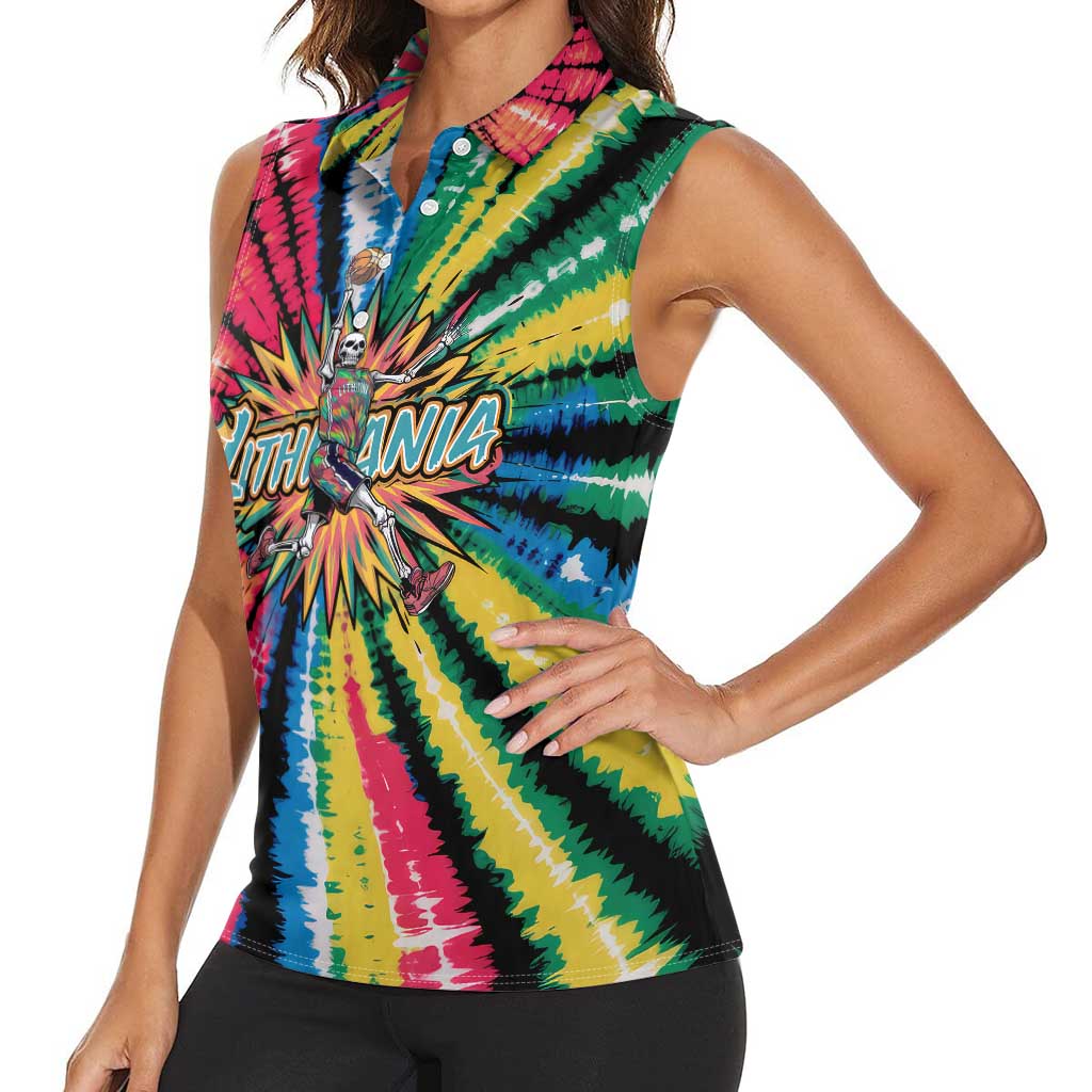 Lithuania Tie Dye Basketball Women Sleeveless Polo Shirt with Skeleton Dunk Graphic and Retro Colors - Wonder Print Shop