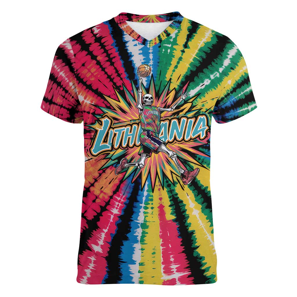 Lithuania Tie Dye Basketball Women V-Neck T-Shirt with Skeleton Dunk Graphic and Retro Colors - Wonder Print Shop
