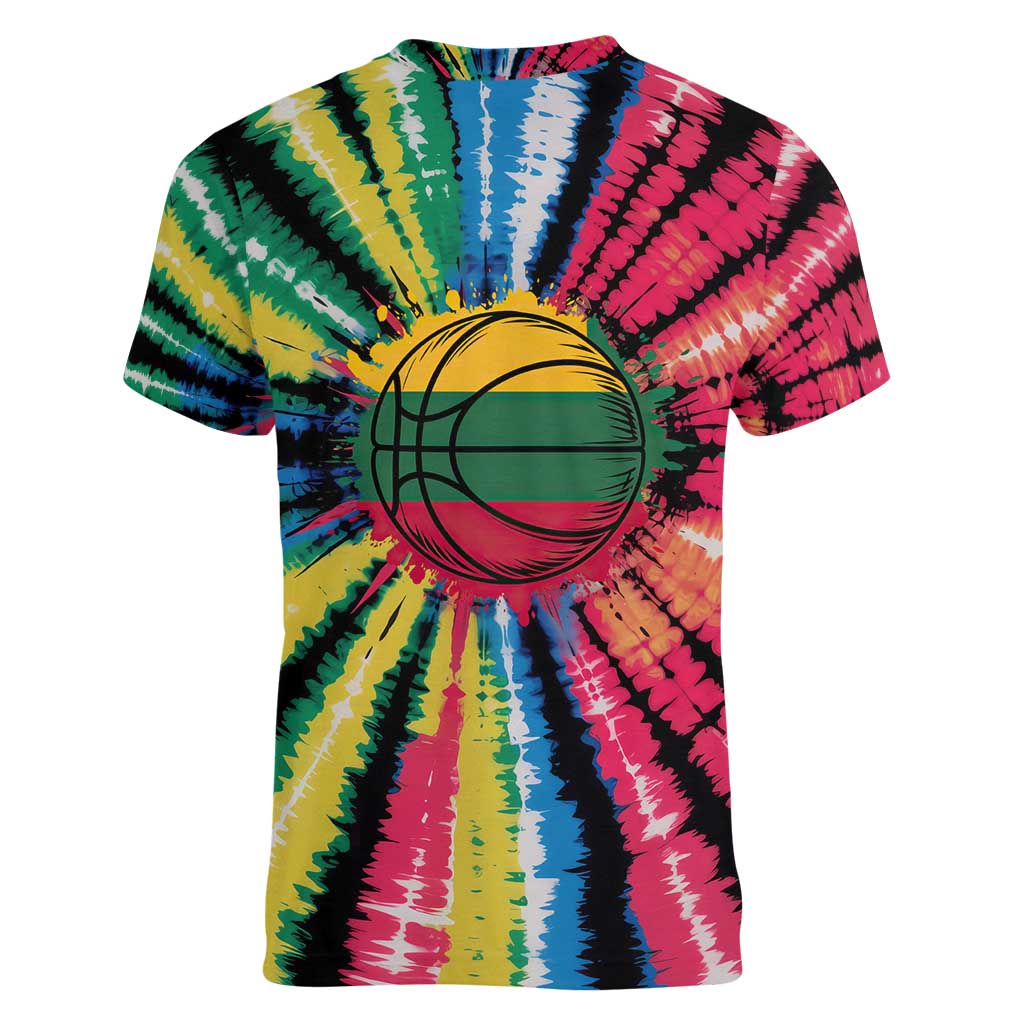Lithuania Tie Dye Basketball Women V-Neck T-Shirt with Skeleton Dunk Graphic and Retro Colors - Wonder Print Shop
