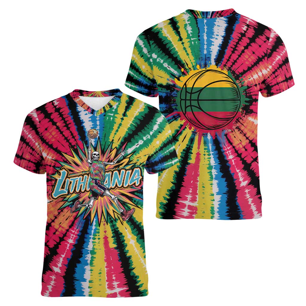 Lithuania Tie Dye Basketball Women V-Neck T-Shirt with Skeleton Dunk Graphic and Retro Colors - Wonder Print Shop