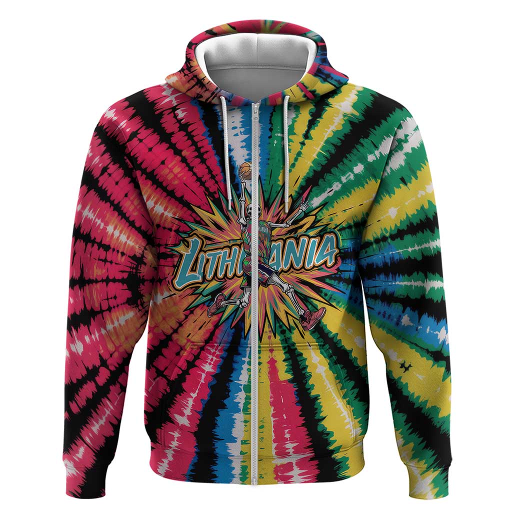 Lithuania Tie Dye Basketball Zip Hoodie with Skeleton Dunk Graphic and Retro Colors - Wonder Print Shop