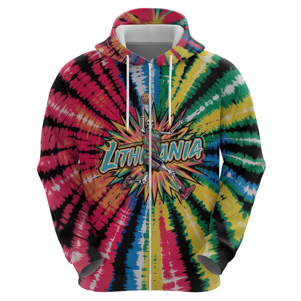 Lithuania Tie Dye Basketball Zip Hoodie with Skeleton Dunk Graphic and Retro Colors - Wonder Print Shop