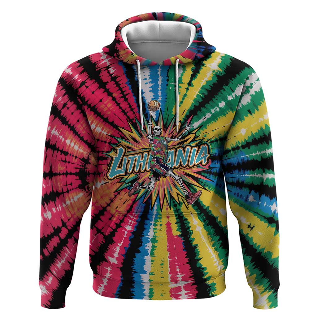 Lithuania Tie Dye Basketball Zip Hoodie with Skeleton Dunk Graphic and Retro Colors - Wonder Print Shop