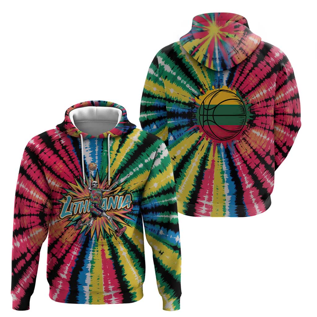 Lithuania Tie Dye Basketball Zip Hoodie with Skeleton Dunk Graphic and Retro Colors - Wonder Print Shop