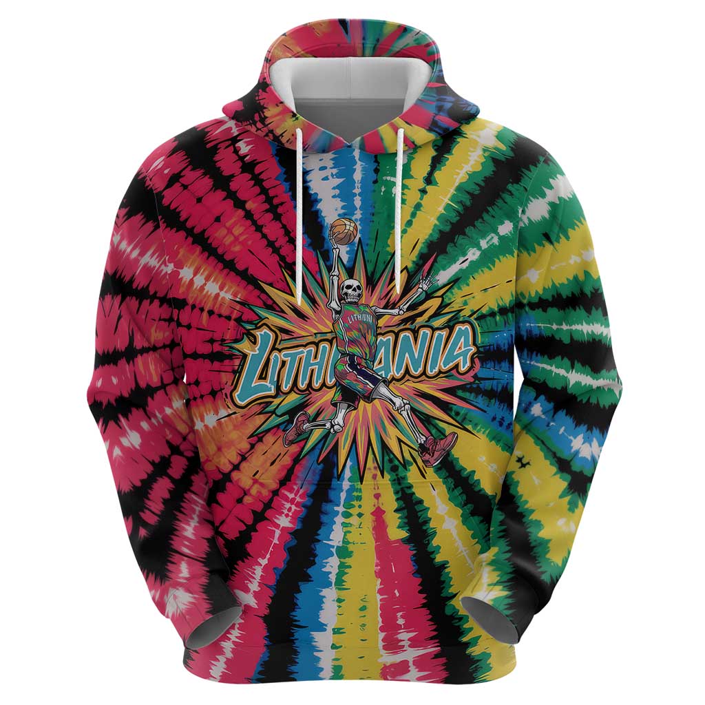 Lithuania Tie Dye Basketball Zip Hoodie with Skeleton Dunk Graphic and Retro Colors - Wonder Print Shop