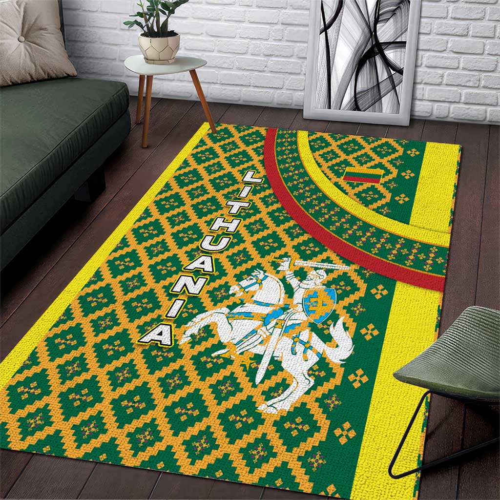 Lithuania Knight Pattern Area Rug with Traditional Green Yellow Red Design and Vytis Emblem - Wonder Print Shop
