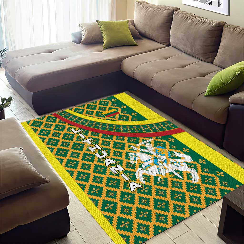 Lithuania Knight Pattern Area Rug with Traditional Green Yellow Red Design and Vytis Emblem - Wonder Print Shop