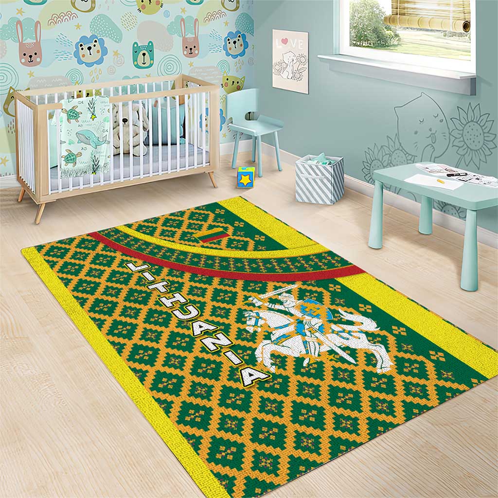 Lithuania Knight Pattern Area Rug with Traditional Green Yellow Red Design and Vytis Emblem - Wonder Print Shop
