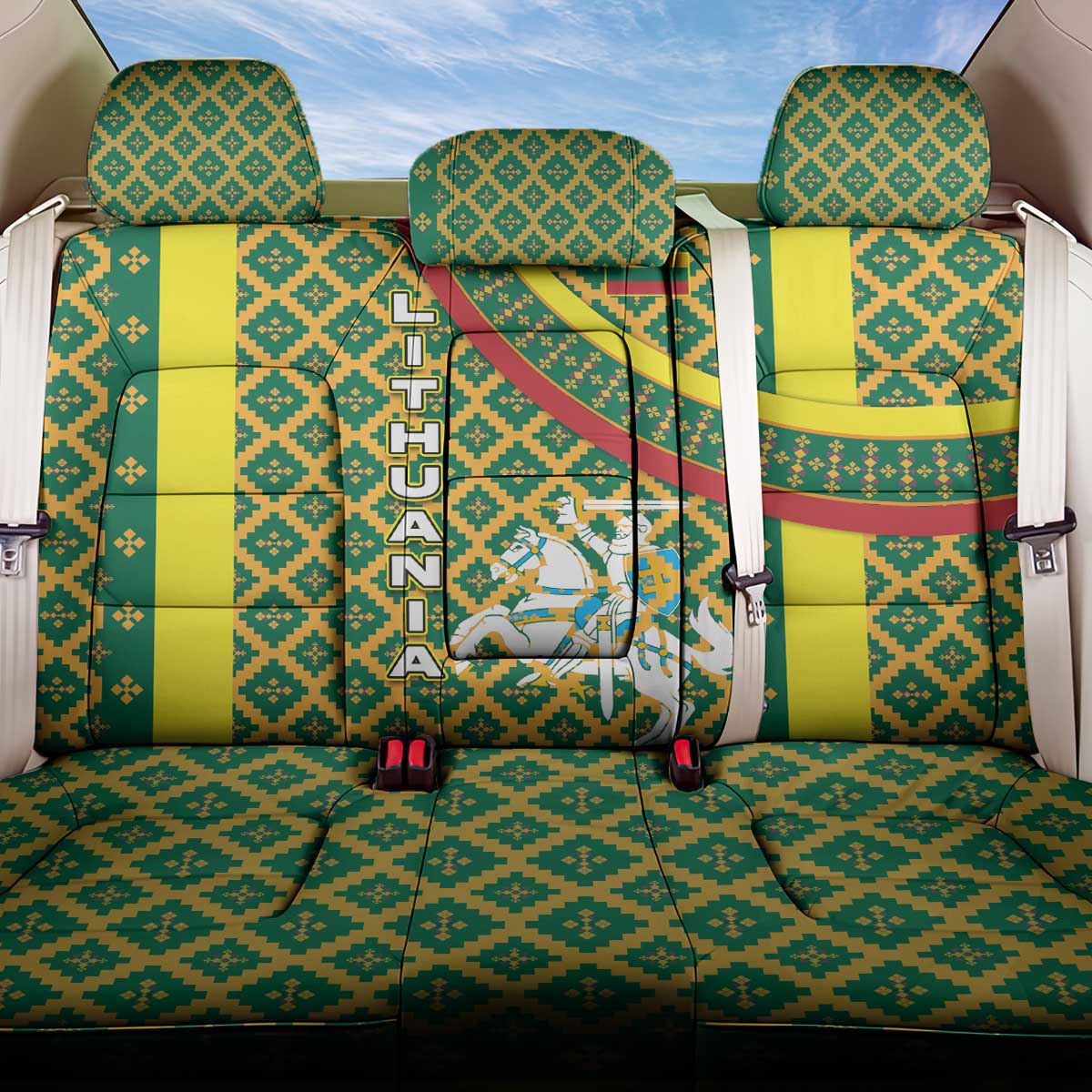 Lithuania Knight Pattern Back Car Seat Cover with Traditional Green Yellow Red Design and Vytis Emblem - Wonder Print Shop