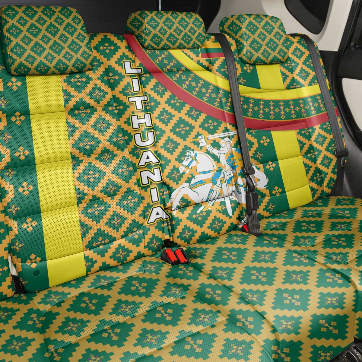 Lithuania Knight Pattern Back Car Seat Cover with Traditional Green Yellow Red Design and Vytis Emblem - Wonder Print Shop