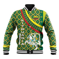Lithuania Knight Pattern Baseball Jacket with Traditional Green Yellow Red Design and Vytis Emblem - Wonder Print Shop