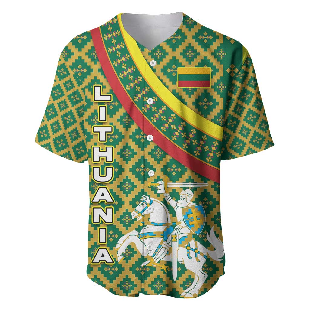 Lithuania Knight Pattern Baseball Jersey with Traditional Green Yellow Red Design and Vytis Emblem - Wonder Print Shop