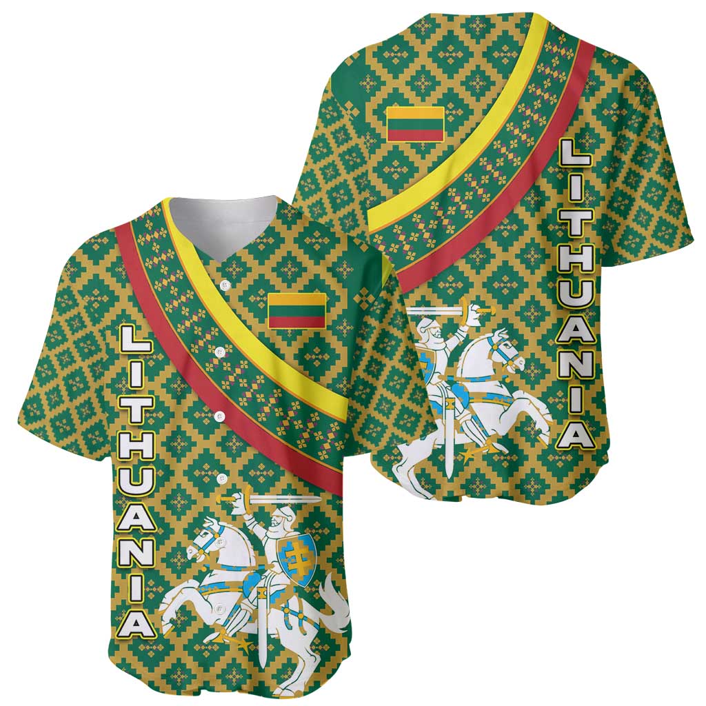 Lithuania Knight Pattern Baseball Jersey with Traditional Green Yellow Red Design and Vytis Emblem - Wonder Print Shop