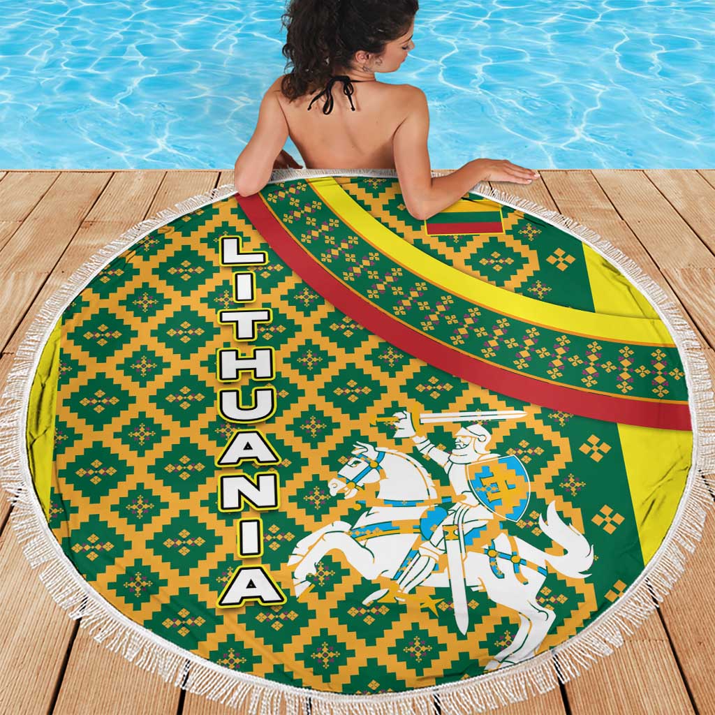 Lithuania Knight Pattern Beach Blanket with Traditional Green Yellow Red Design and Vytis Emblem - Wonder Print Shop