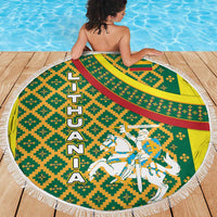 Lithuania Knight Pattern Beach Blanket with Traditional Green Yellow Red Design and Vytis Emblem - Wonder Print Shop