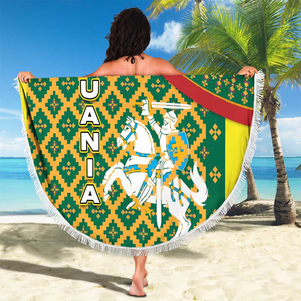 Lithuania Knight Pattern Beach Blanket with Traditional Green Yellow Red Design and Vytis Emblem - Wonder Print Shop