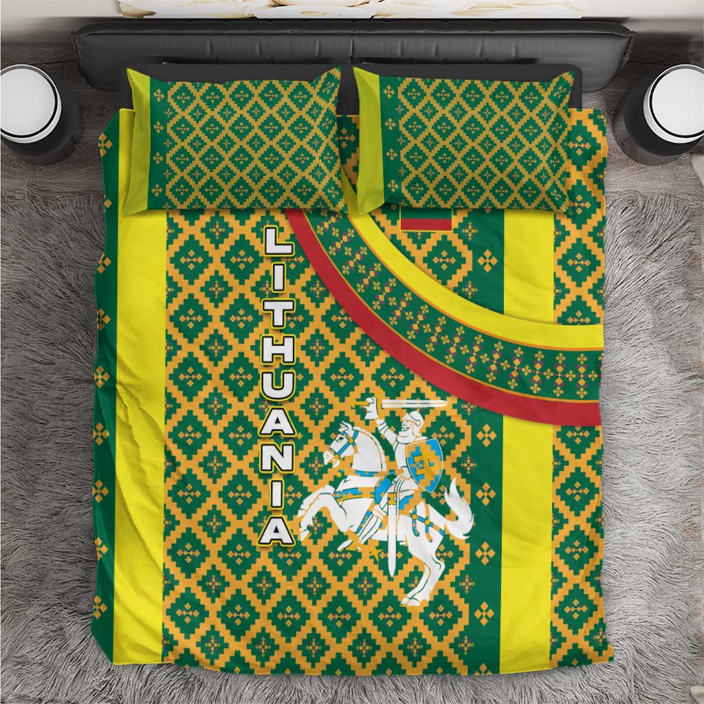 Lithuania Knight Pattern Bedding Set with Traditional Green Yellow Red Design and Vytis Emblem - Wonder Print Shop