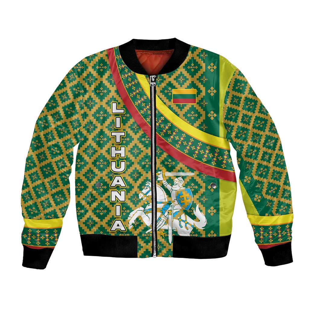 Lithuania Knight Pattern Bomber Jacket with Traditional Green Yellow Red Design and Vytis Emblem - Wonder Print Shop