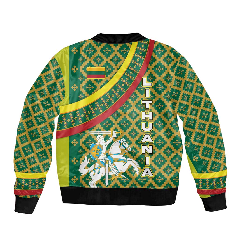 Lithuania Knight Pattern Bomber Jacket with Traditional Green Yellow Red Design and Vytis Emblem - Wonder Print Shop