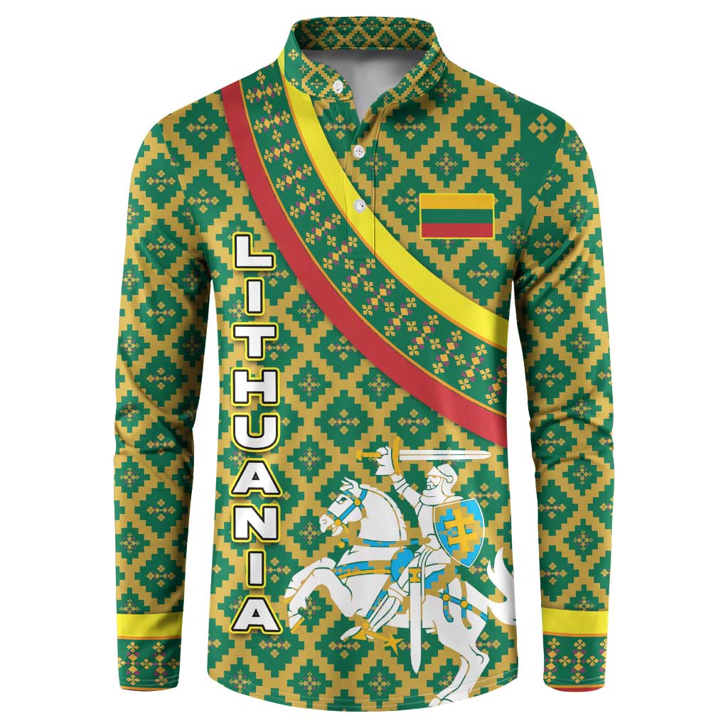 Lithuania Knight Pattern Button Sweatshirt with Traditional Green Yellow Red Design and Vytis Emblem - Wonder Print Shop