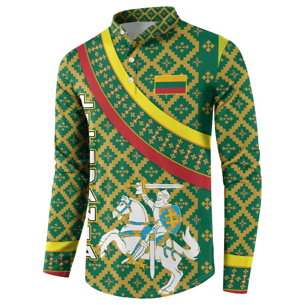 Lithuania Knight Pattern Button Sweatshirt with Traditional Green Yellow Red Design and Vytis Emblem - Wonder Print Shop