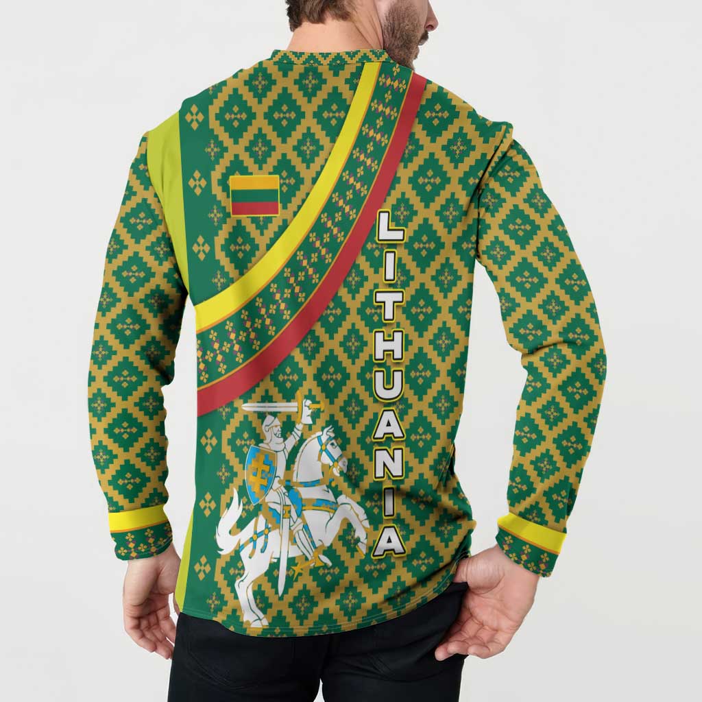 Lithuania Knight Pattern Button Sweatshirt with Traditional Green Yellow Red Design and Vytis Emblem - Wonder Print Shop