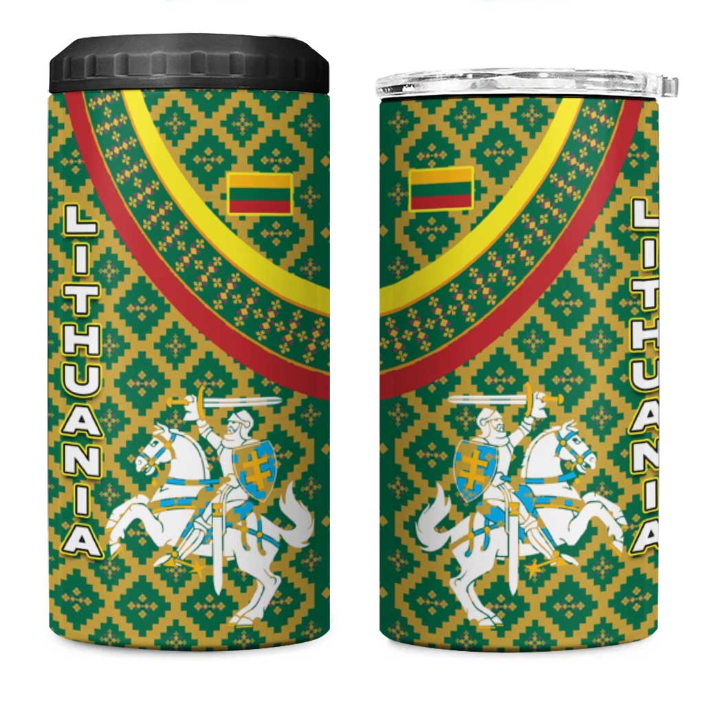 Lithuania Knight Pattern 4 in 1 Can Cooler Tumbler with Traditional Green Yellow Red Design and Vytis Emblem - Wonder Print Shop