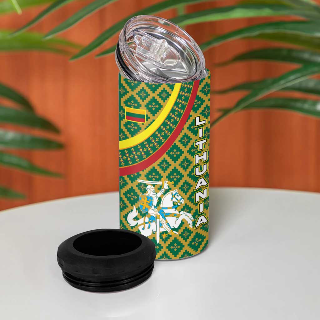 Lithuania Knight Pattern 4 in 1 Can Cooler Tumbler with Traditional Green Yellow Red Design and Vytis Emblem - Wonder Print Shop