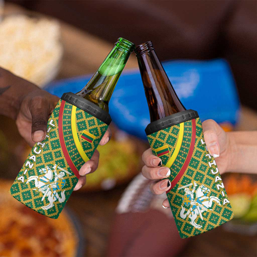 Lithuania Knight Pattern 4 in 1 Can Cooler Tumbler with Traditional Green Yellow Red Design and Vytis Emblem - Wonder Print Shop