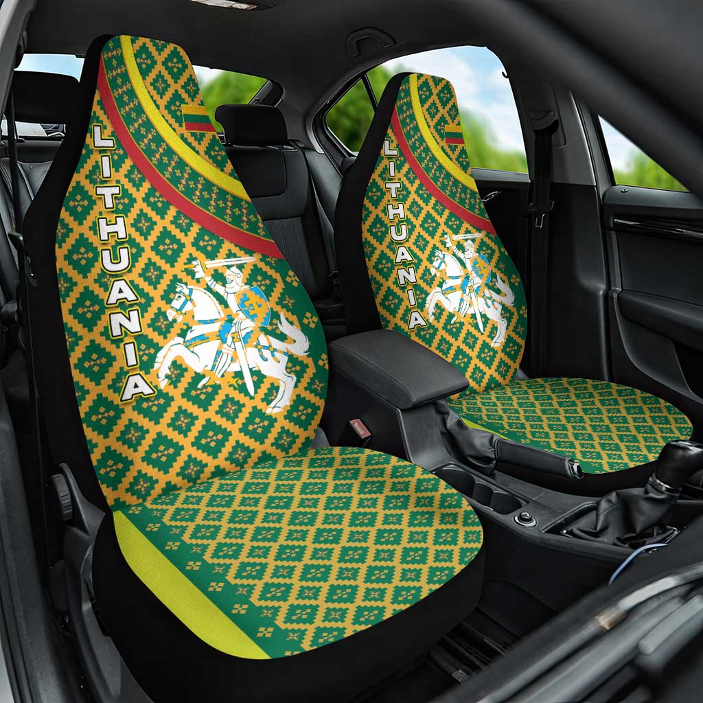 Lithuania Knight Pattern Car Seat Cover with Traditional Green Yellow Red Design and Vytis Emblem - Wonder Print Shop