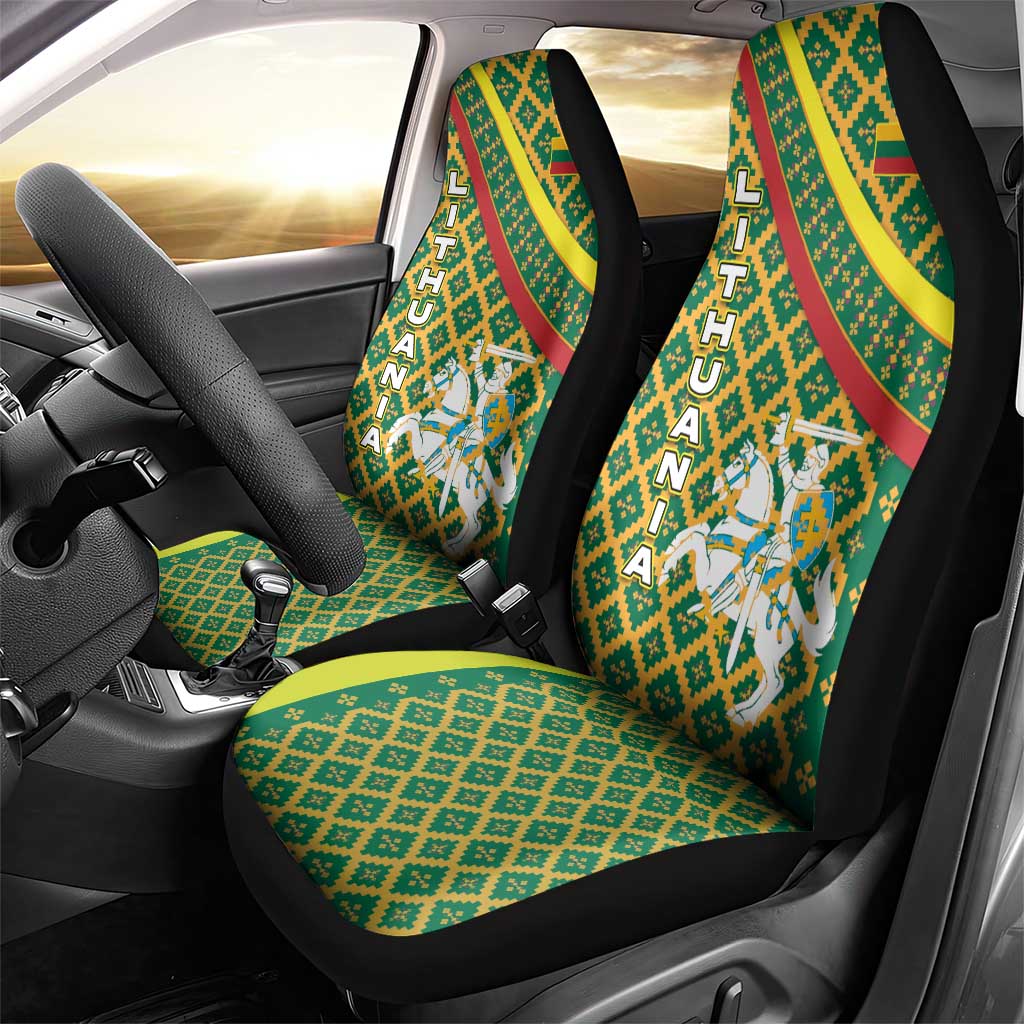 Lithuania Knight Pattern Car Seat Cover with Traditional Green Yellow Red Design and Vytis Emblem - Wonder Print Shop