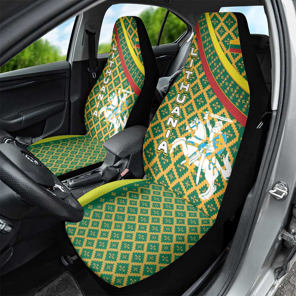 Lithuania Knight Pattern Car Seat Cover with Traditional Green Yellow Red Design and Vytis Emblem - Wonder Print Shop