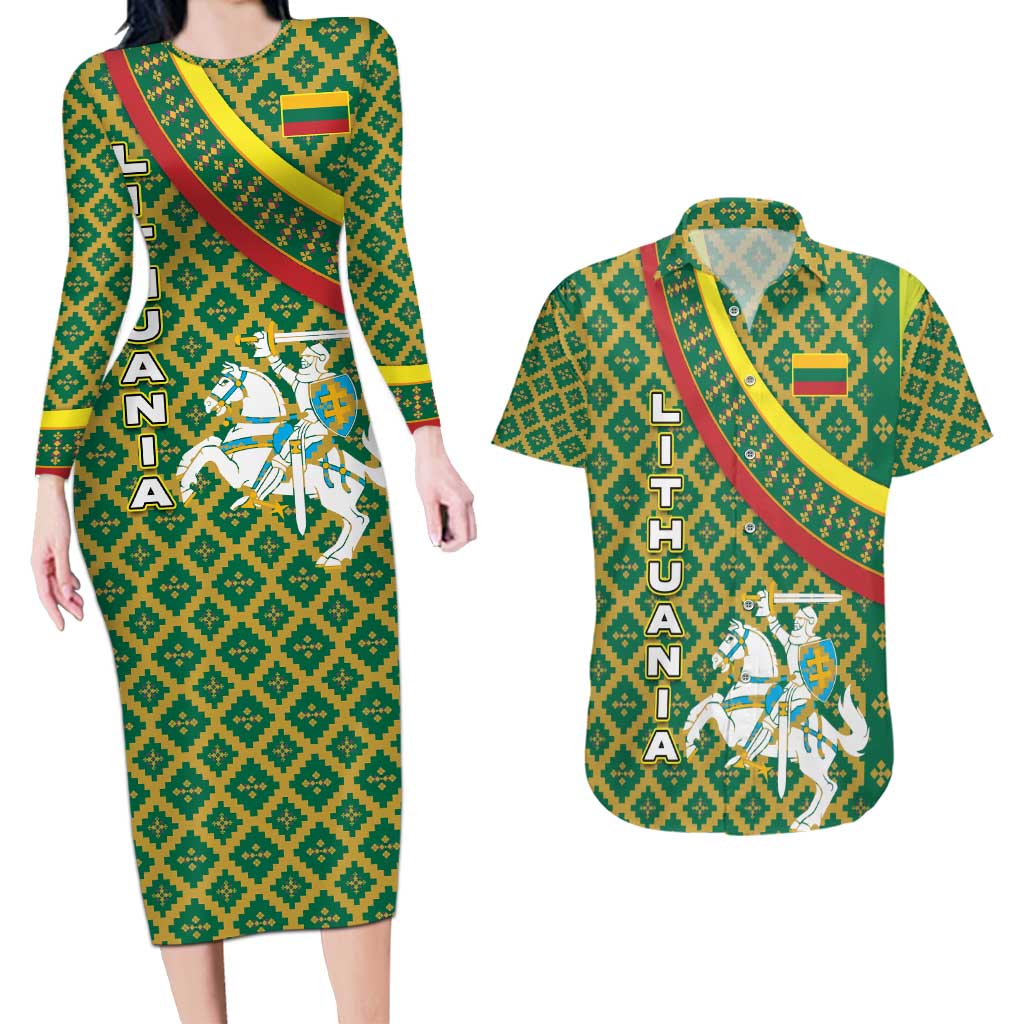 Lithuania Knight Pattern Couples Matching Long Sleeve Bodycon Dress and Hawaiian Shirt with Traditional Green Yellow Red Design and Vytis Emblem - Wonder Print Shop