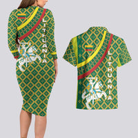 Lithuania Knight Pattern Couples Matching Long Sleeve Bodycon Dress and Hawaiian Shirt with Traditional Green Yellow Red Design and Vytis Emblem - Wonder Print Shop