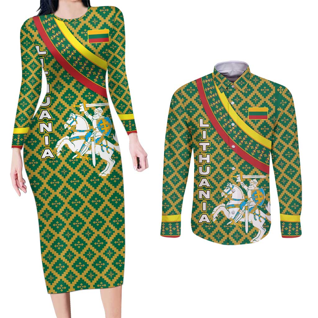 Lithuania Knight Pattern Couples Matching Long Sleeve Bodycon Dress and Long Sleeve Button Shirt with Traditional Green Yellow Red Design and Vytis Emblem - Wonder Print Shop