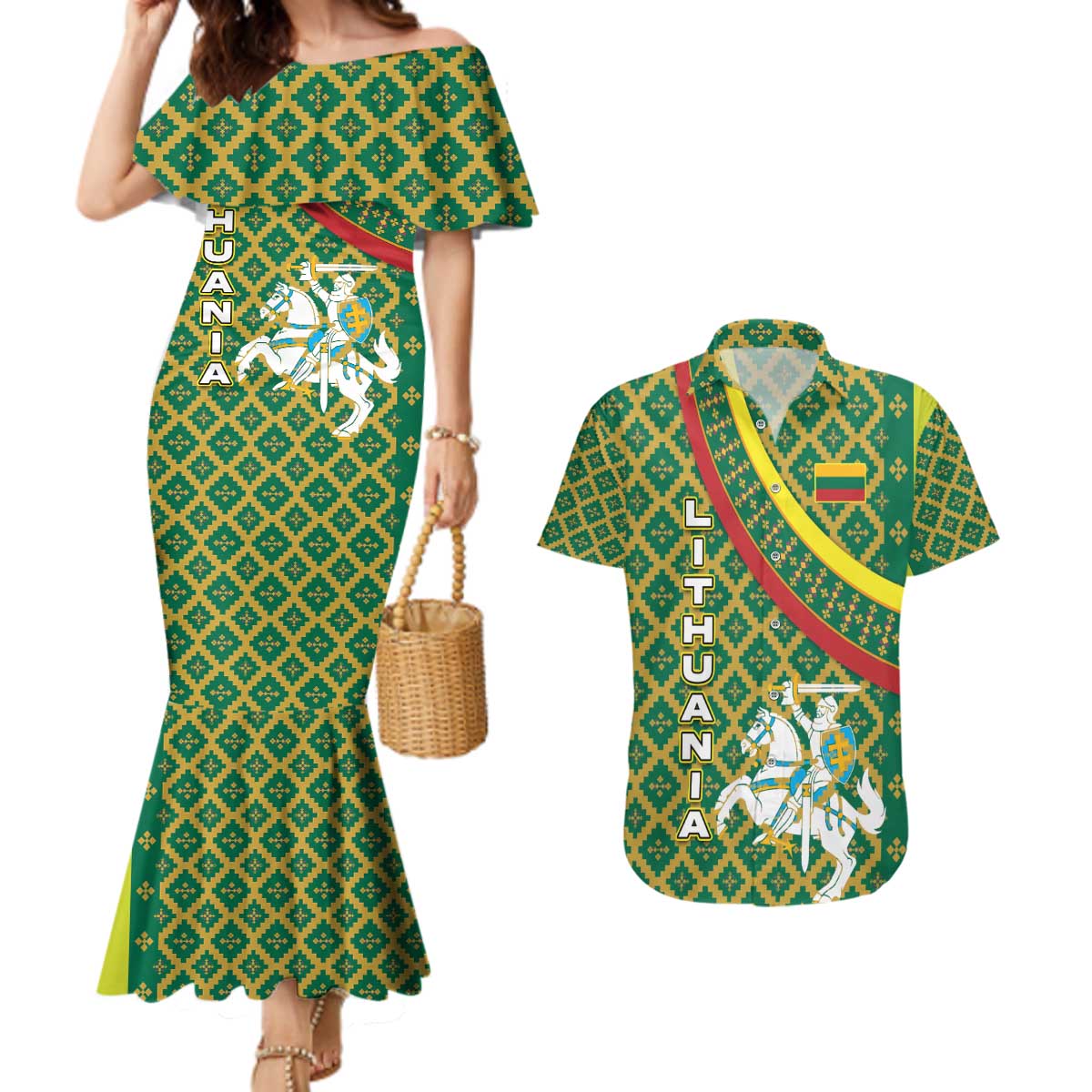 Lithuania Knight Pattern Couples Matching Mermaid Dress and Hawaiian Shirt with Traditional Green Yellow Red Design and Vytis Emblem - Wonder Print Shop